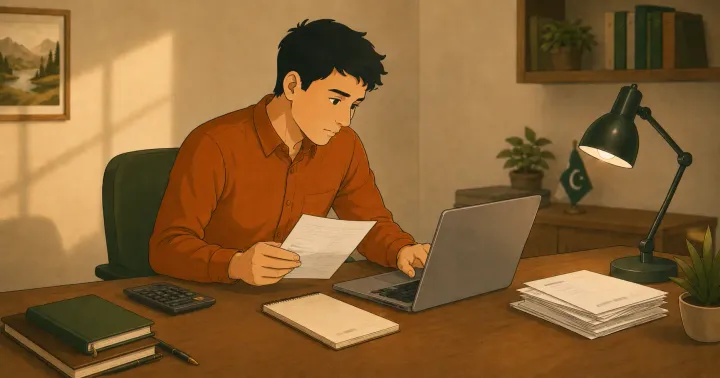 A Pakistani salaried professional reviewing a tax return on a laptop showing the FBR IRIS portal, with a calculator and rupee notes on the desk