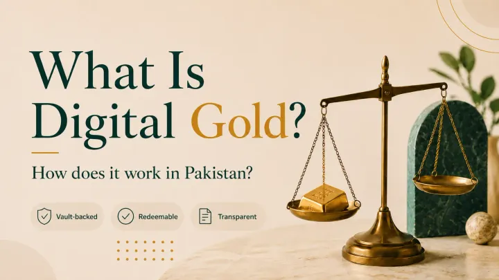 "Gold bars in a secure vault beside a phone showing a digital gold balance, representing vault-backed digital gold in Pakistan